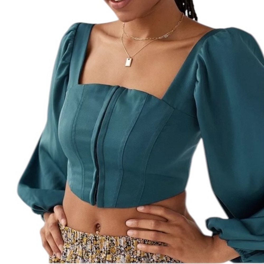 Urban Outfitters Green Satin Bustier Corset Top Size Large Puff Sleeve Hook Eye